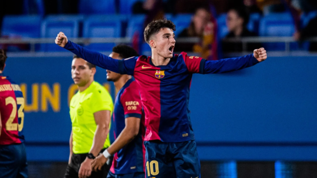 Unai Hernández celebra un gol con el Barça B contra el Bilbao Athletic