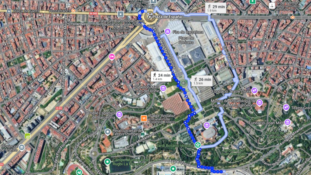 Los recorridos a pie desde Plaza España hasta el Estadi Olímpic de Montjuïc