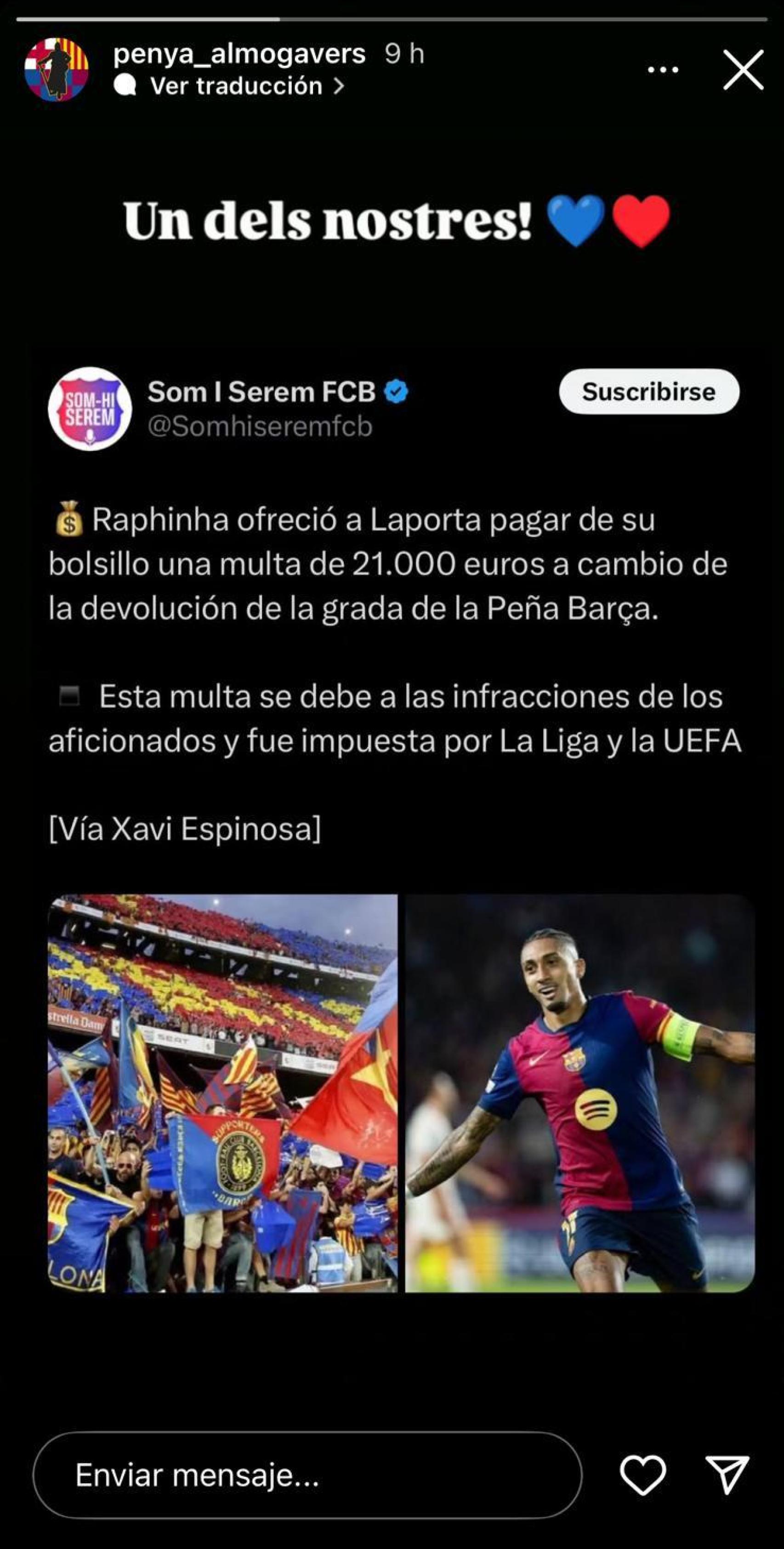 La Penya Almogàvers se hace eco de la información sobre Raphinha y los 21.000 euros de multa en Instagram