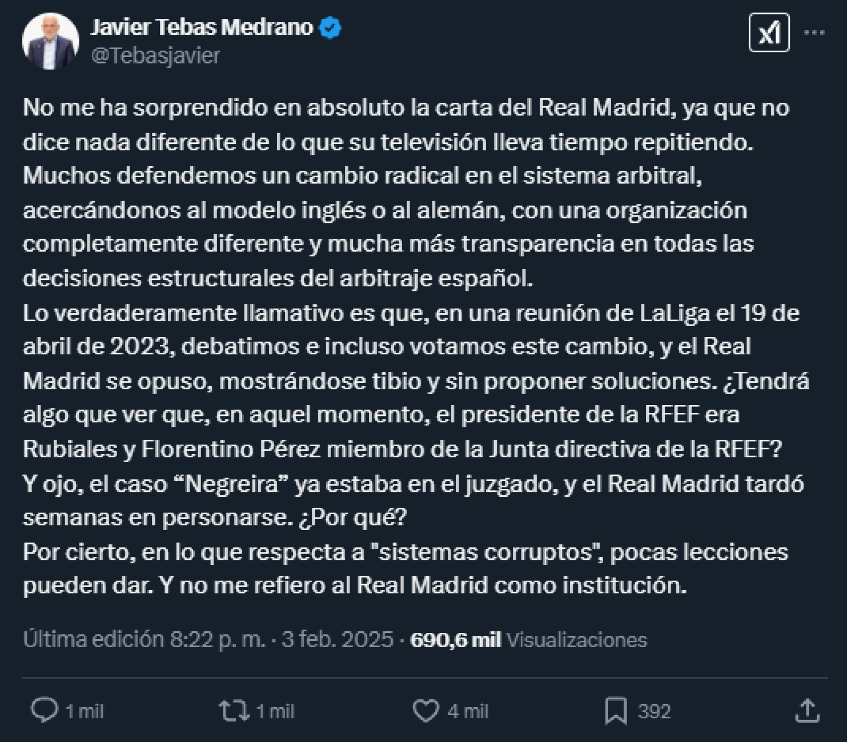 Javier Tebas, presidente de la Liga, condena el comunicado del Real Madrid