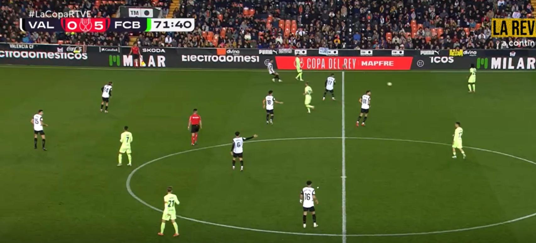 La grada de Mestalla, medio vacía en la segunda mitad del Valencia-Barça de Copa del Rey