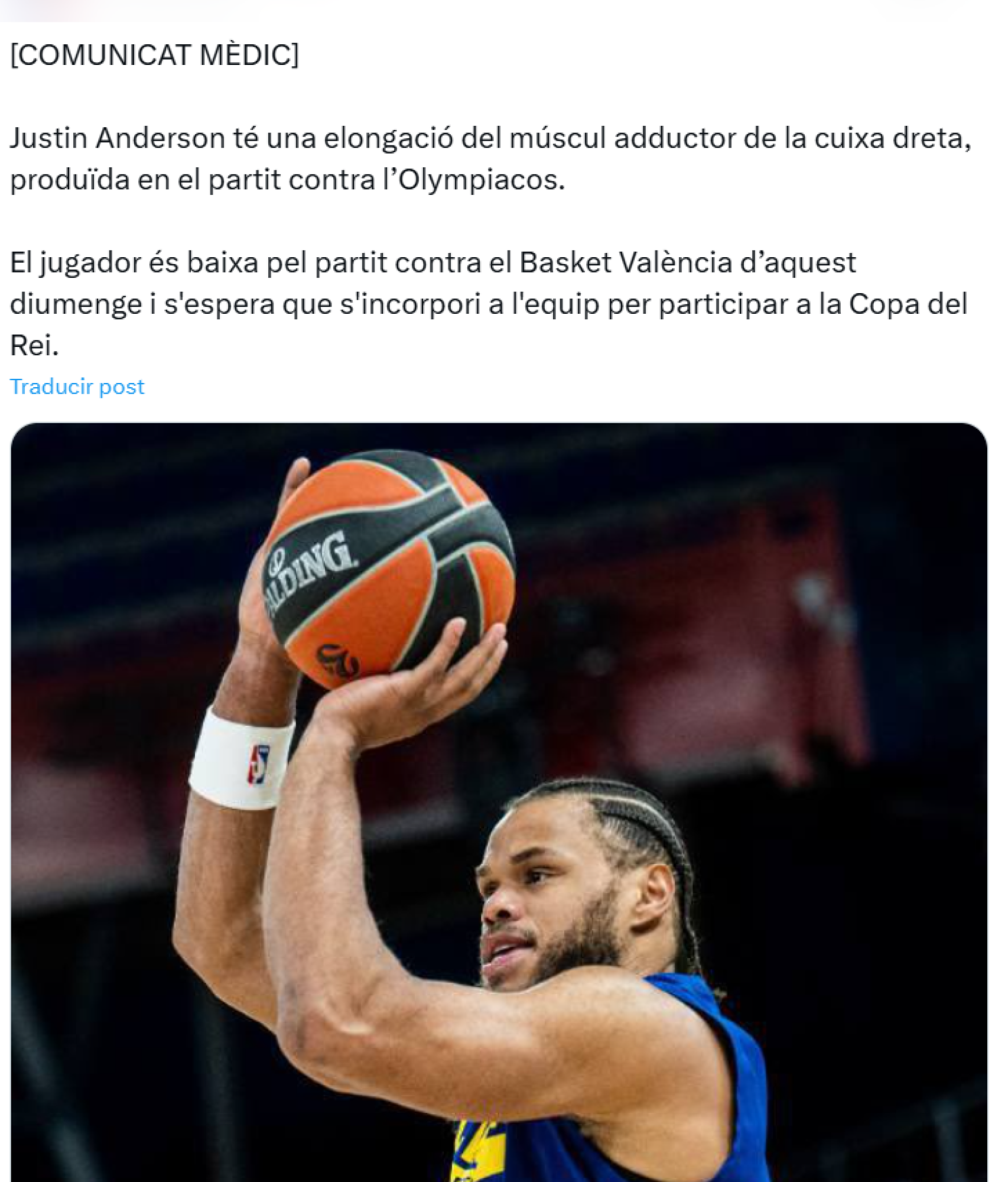 El Barça de basket anuncia la lesión de Justin Anderson