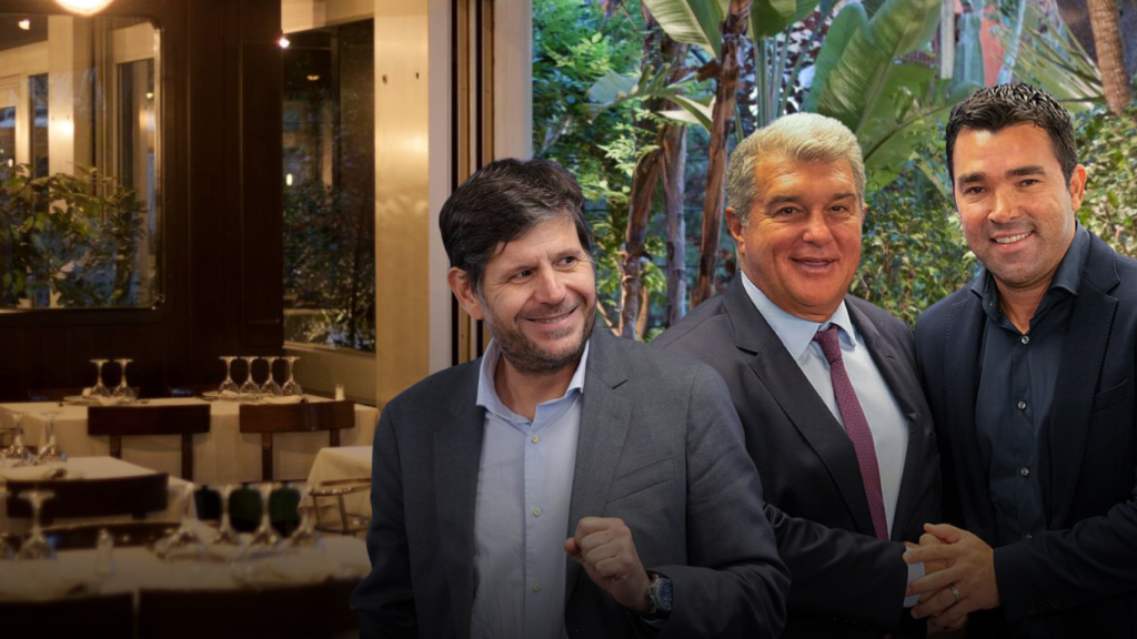 Mateu Alemany, Joan Laporta y Deco con el restaurante Tritón en un fotomontaje