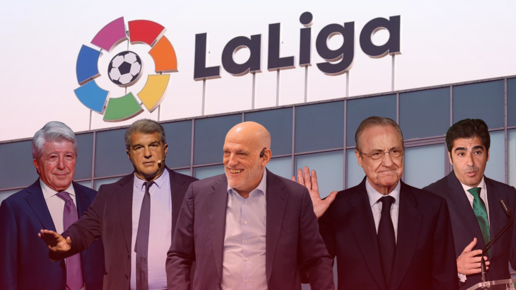Enrique Cerezo, Joan Laporta, Javier Tebas, Florentino Pérez y Ángel Haro, en un montaje