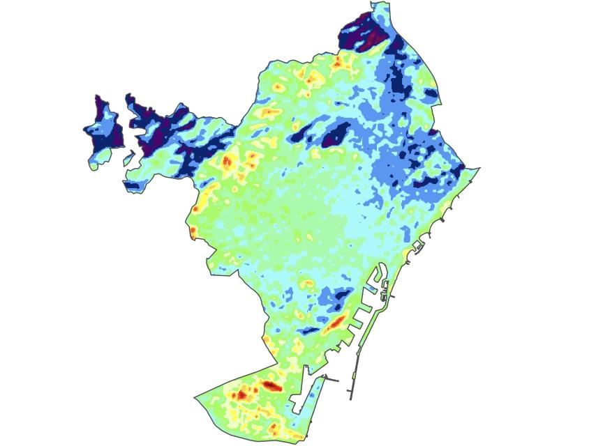 LST en forma de termografia de la ciutat de Barcelona en una matinada d'hivern amb cels clars