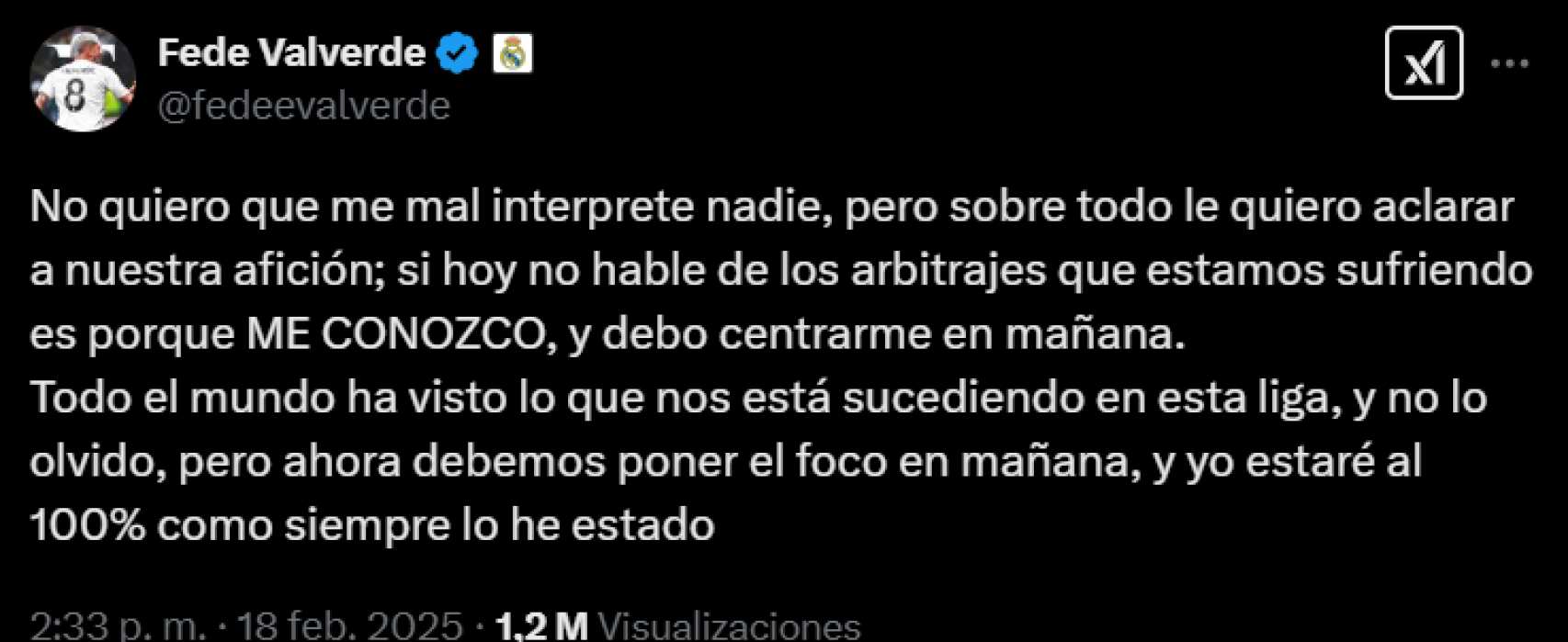 Tuit de Fede Valverde atizando a los árbitros antes del Real Madrid-Manchester City