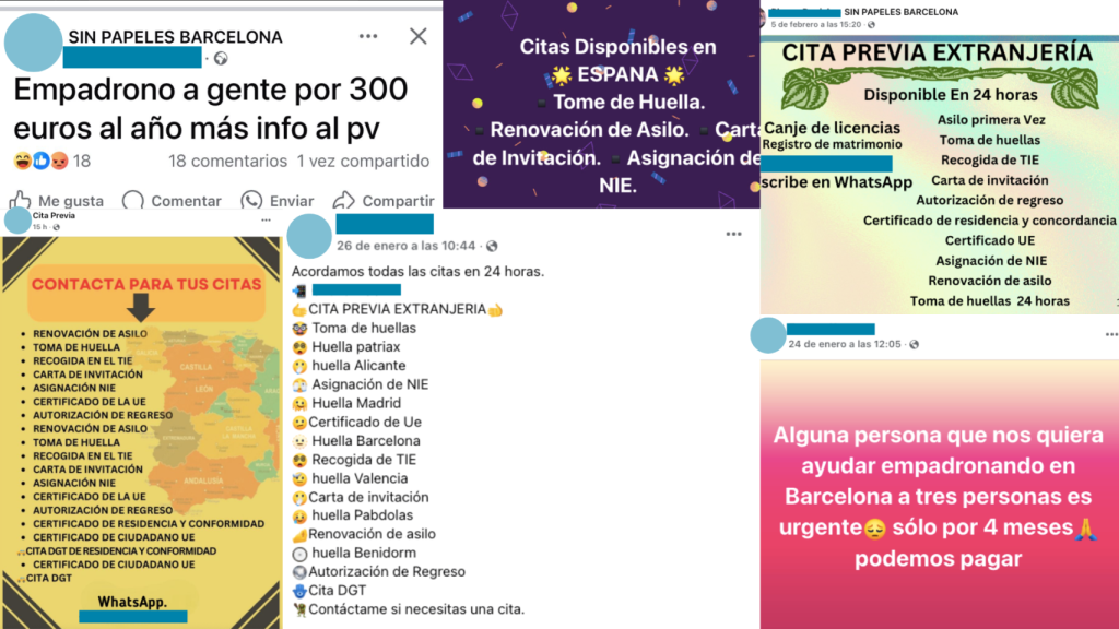 Diversos anuncis de Facebook que ofereixen cites prèvies per a Extranjeria en 24 hores.