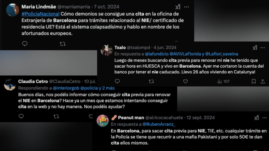 Diversos tweets de ciutadans que expressen la dificultat de trobar una cita prèvia a Extranjeria.