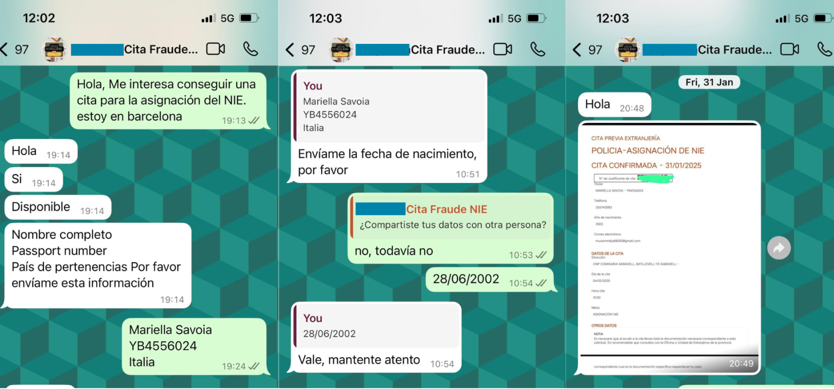 Captures de pantalla d'una conversa de Whatsapp de Metròpoli amb un venedor il·legal de cites de Extranjeria