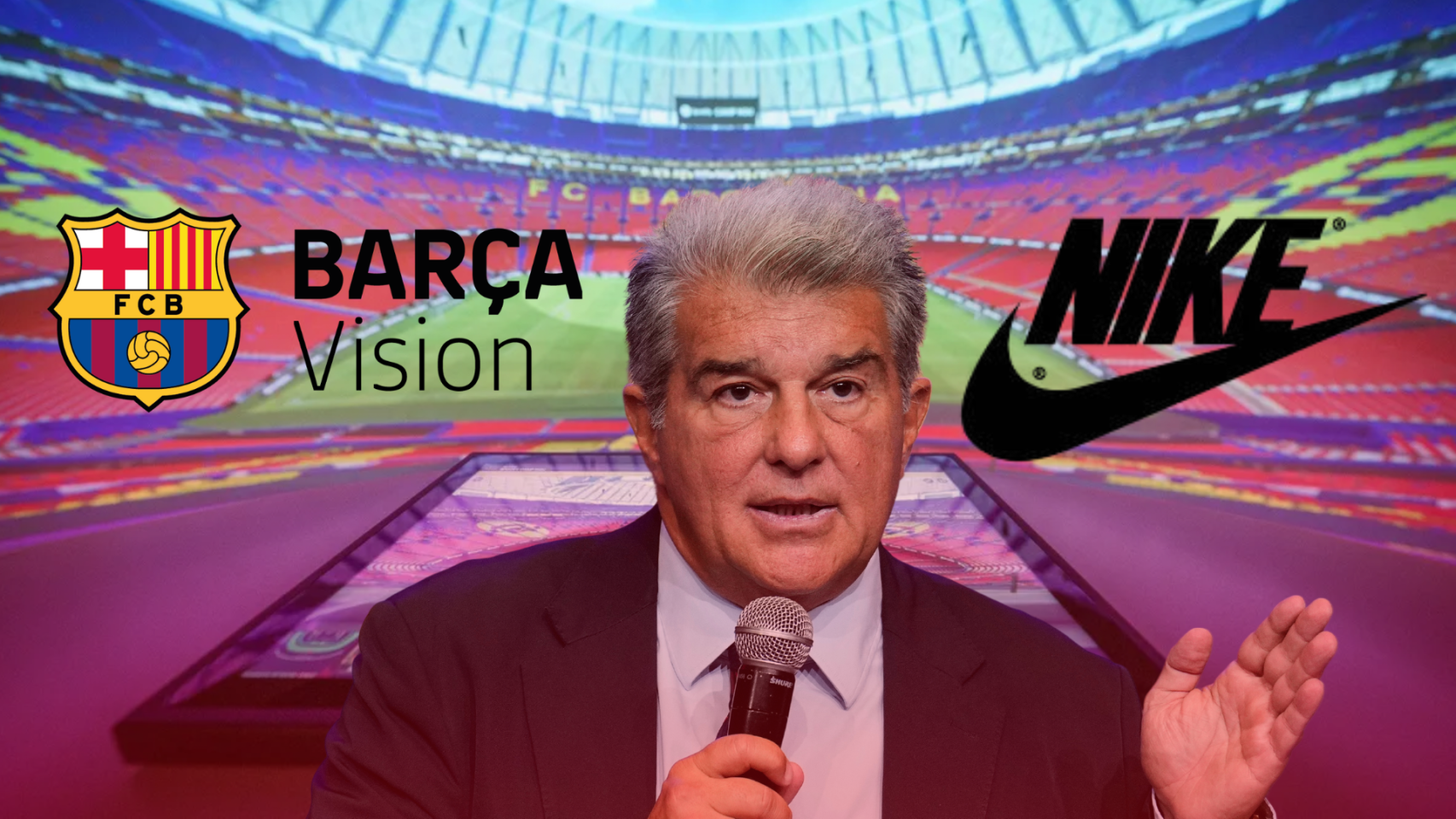 Joan Laporta, el nuevo Camp Nou, y los logotipos de Barça Vision y Nike, en un montaje