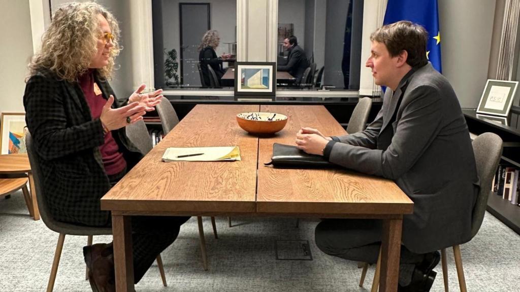 La Comissionada d'Assumptes Europeus, Mar Jiménez, durant una reunió amb el parlamentari europeu socialista Javi López