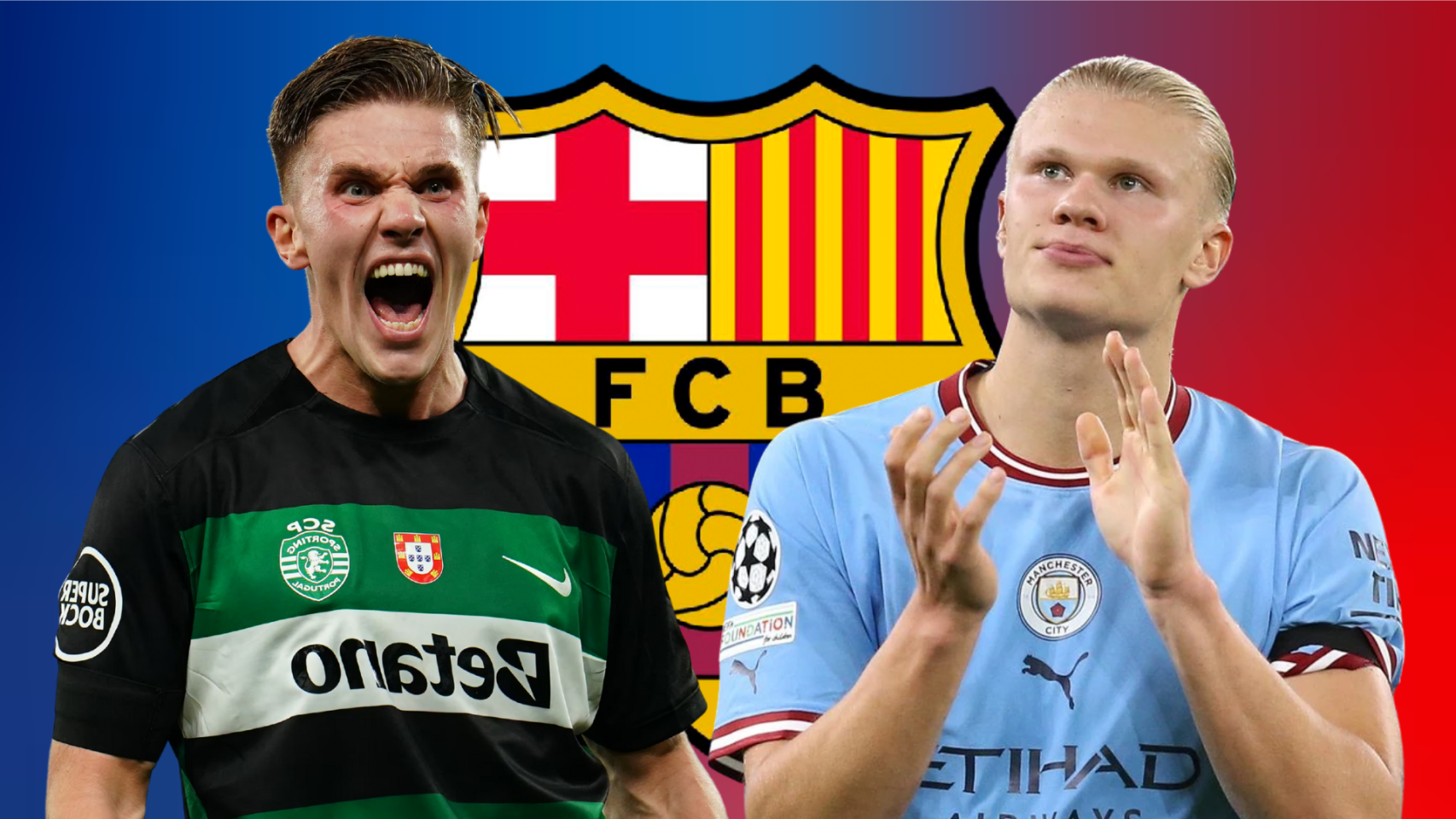 Gyokeres y Haaland en un fotomontaje con el escudo del Barça