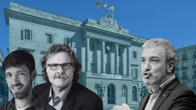 Fotomontaje de Max Cahner, Joan Tardà y Jaume Collboni frente al Ayuntamiento