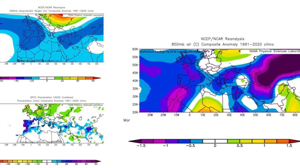 Previsión de anomalías de altura geopotencial (1), temperatura a 850 hPa y precipitación