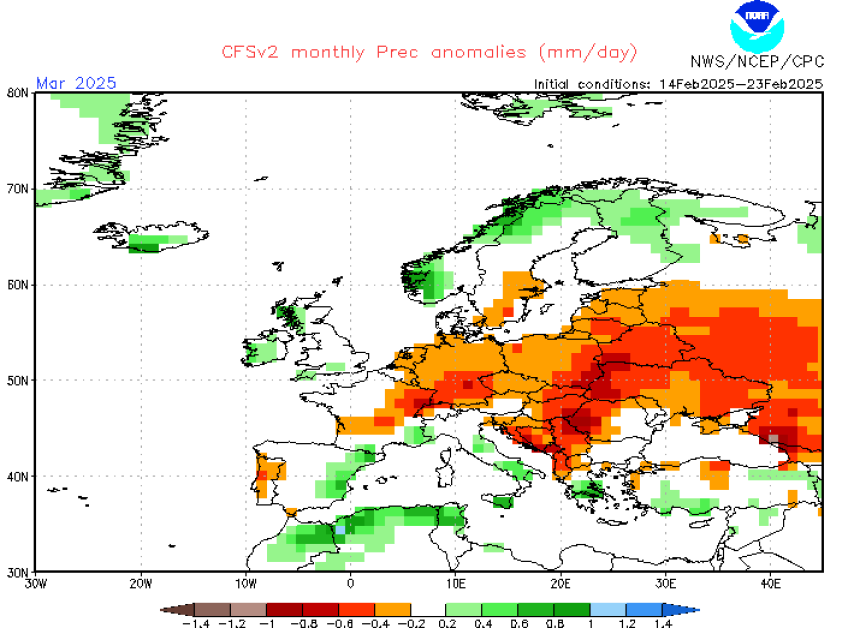 Previsión de anomalía de precipitaciones para el mes de marzo
