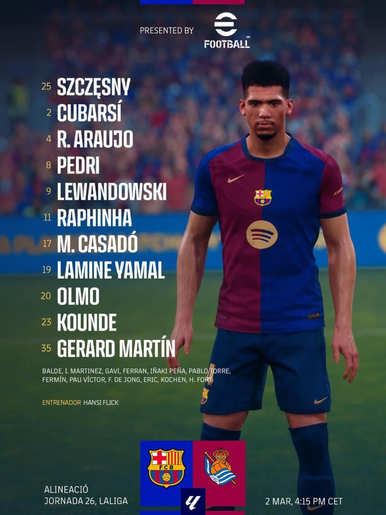 El once del Barça para enfrentarse a la Real Sociedad en Montjuïc