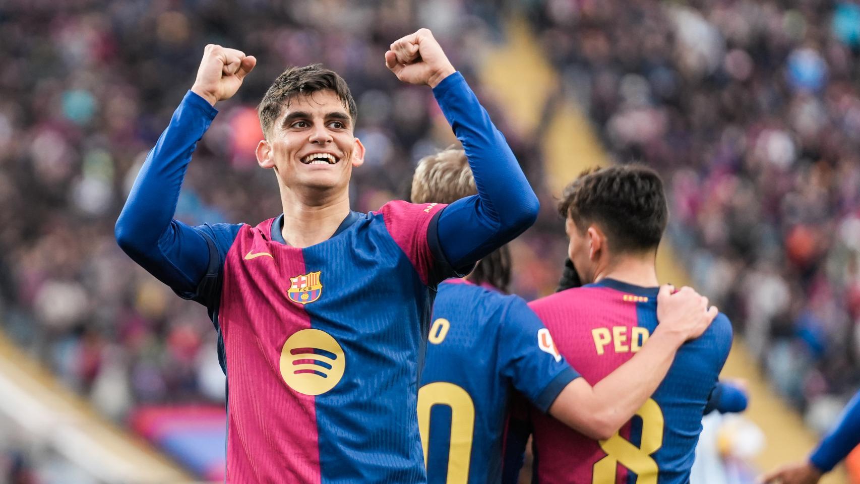 La alegría de Gerard Martín tras marcar su primer gol con el Barça