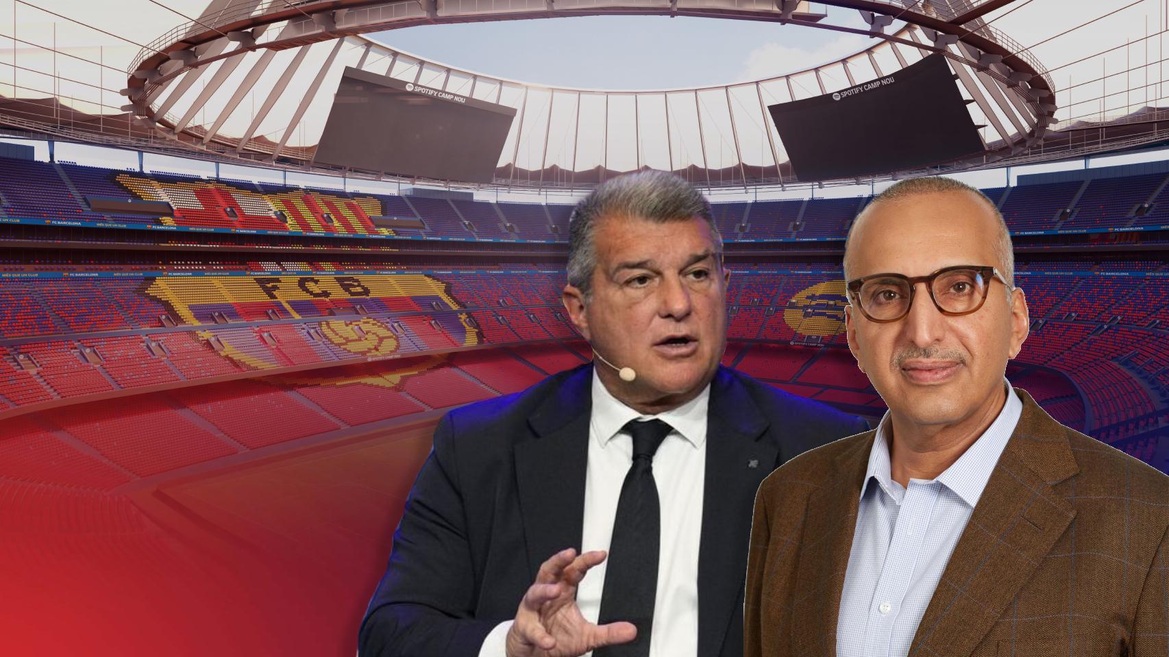 Joan Laporta, junto al Sultan bin Jassim Al Thani, en un fotomontaje con el Camp Nou