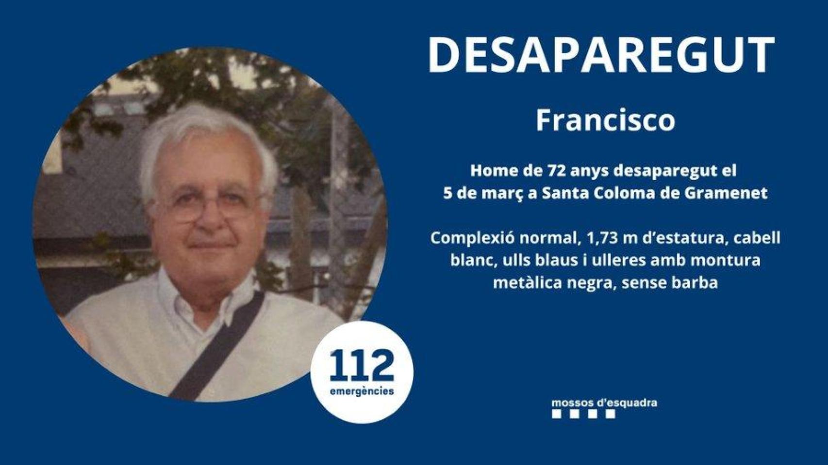 Buscan a Francisco, un hombre de 72 años