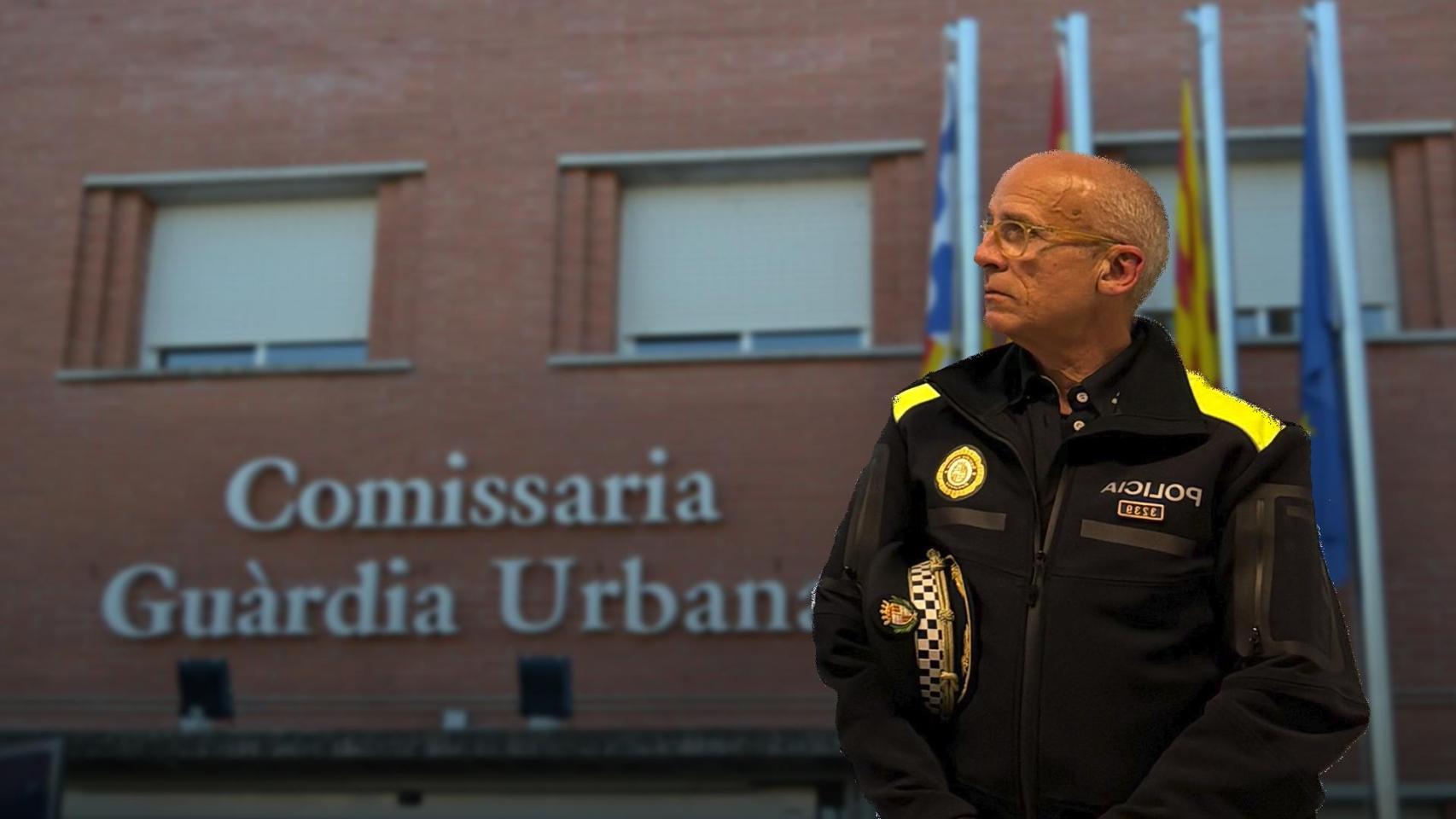 Fotomontaje del Superintendente provisional, Félix Martínez, con la comisaría de Guardia Urbana de Badalona de fondo