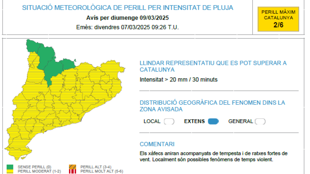 Aviso por lluvias del Meteocat para este domingo, 9 de marzo