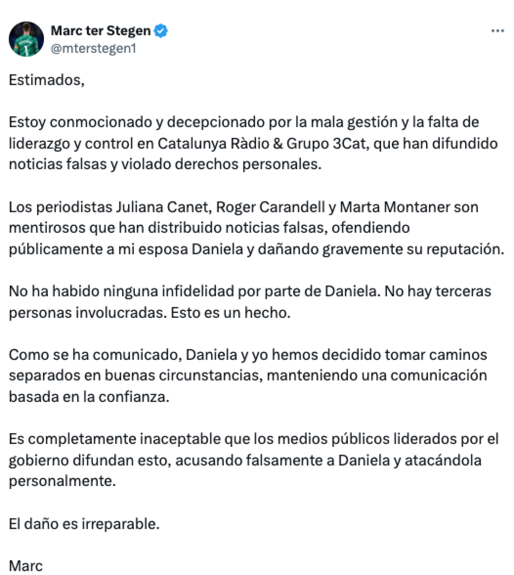 Ter Stegen estalla contra varios periodistas de Catalunya Radio