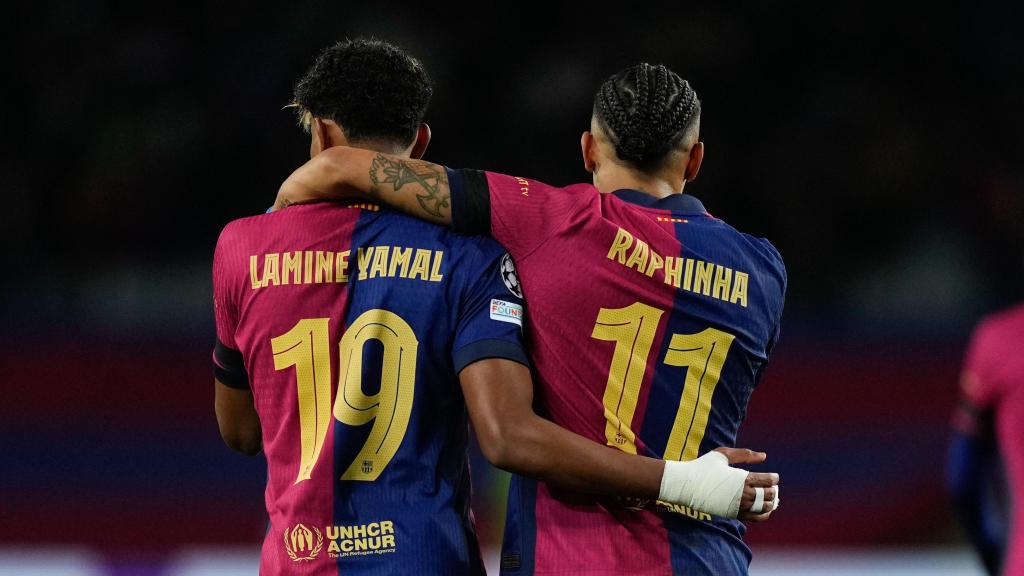Raphinha y Lamine Yamal, abrazados en su noche mágica de Champions League contra el Benfica