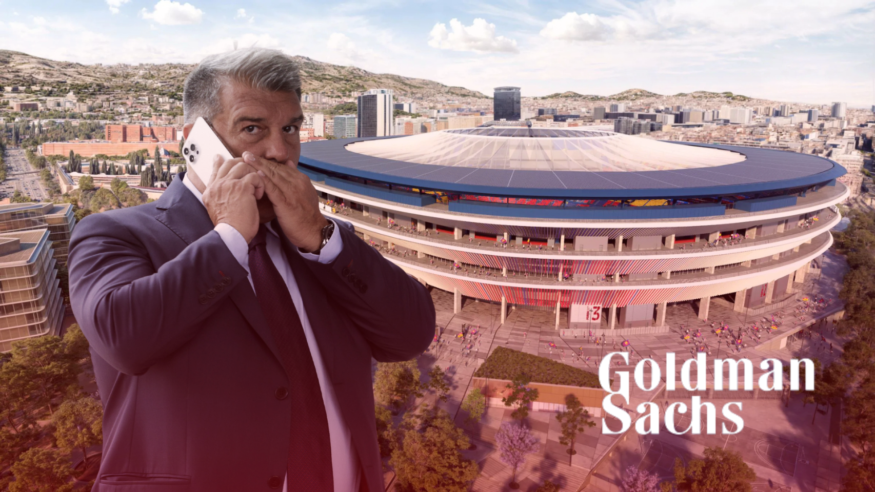Joan Laporta, en un montaje con el futuro Camp Nou y Goldman Sachs