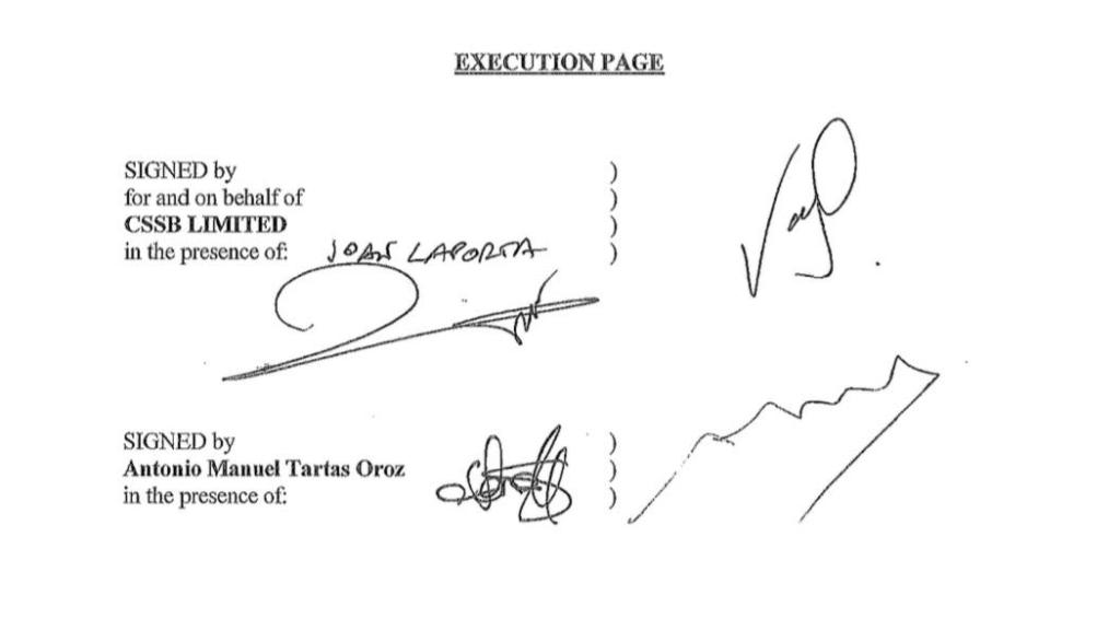 Firma de contrato con Antonio Manuel Tartas para la inversión de 50.000 euros firmado por Laporta en representación de CSSB Limited