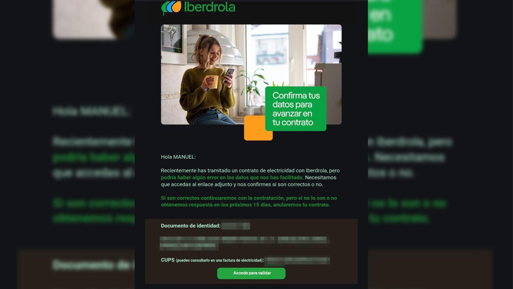 Mensaje de la estafa con Iberdrola