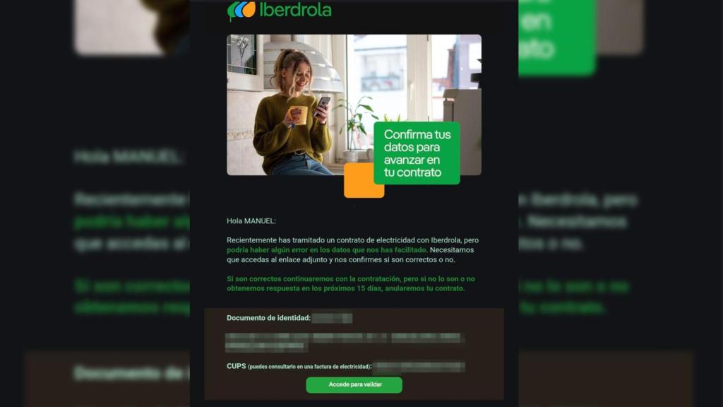 Mensaje de la estafa con Iberdrola