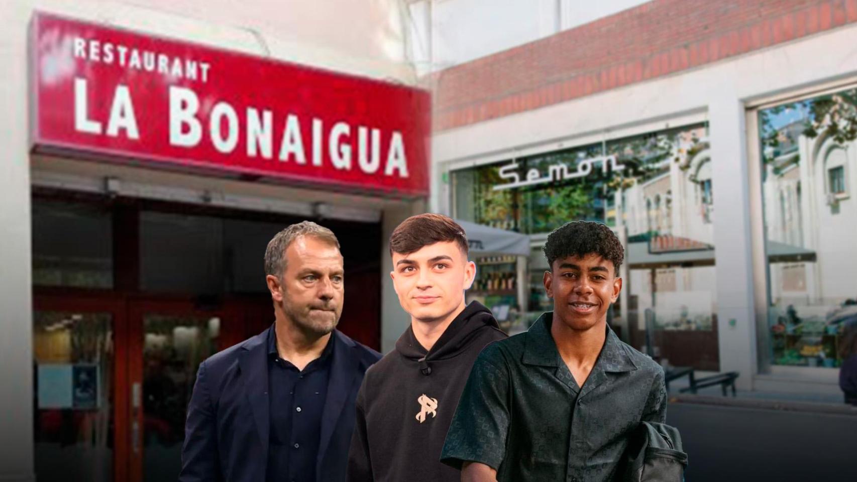 Hansi Flick, Lamine Yamal y Pedri, en un montaje con los restaurantes La Bonaigua y Semon