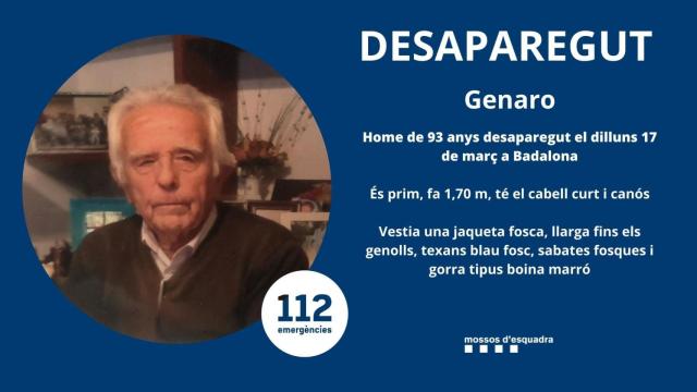 Genaro, un hombre de 93 años desaparecido en Badalona