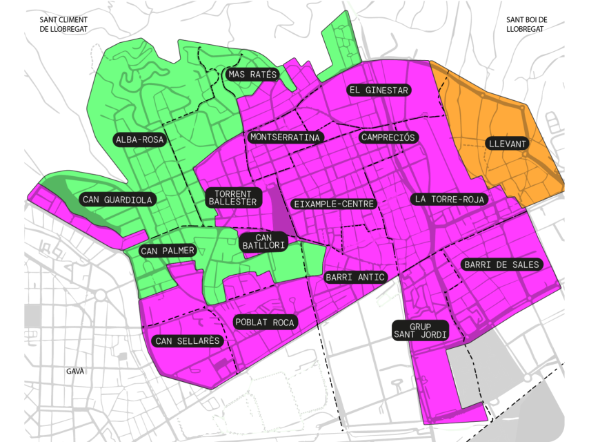Mapa de barris de Viladecans. VERD: 'porta a porta. ROSA: contenidors intel·ligents. TARONJA: 'porta a porta' comunitari