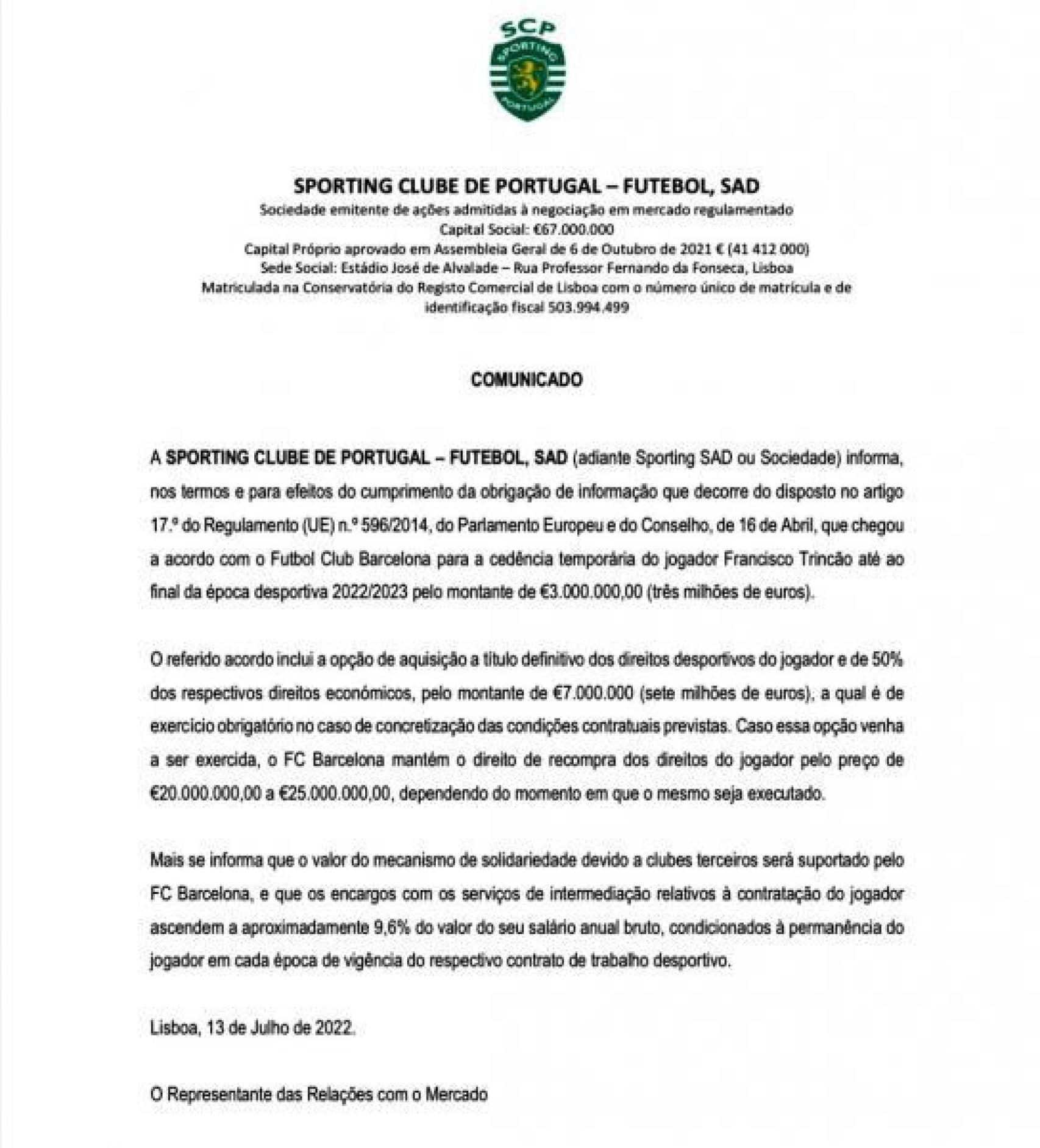 Comunicado del Sporting de Portugal por el fichaje de Trincao