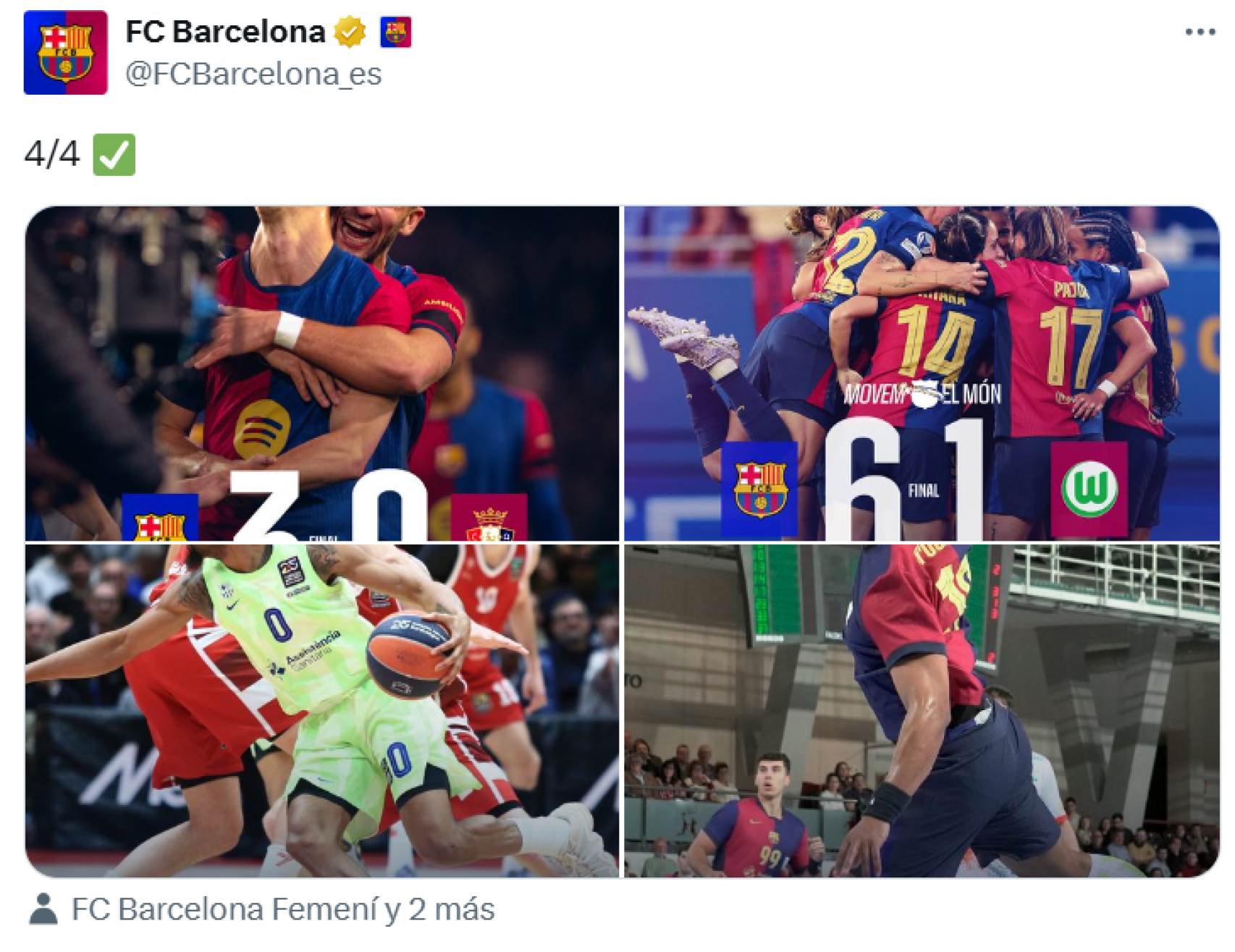 El Barça presume de las victorias de sus equipos de fútbol masculino y femenino, basket y balonmano en un jueves perfecto