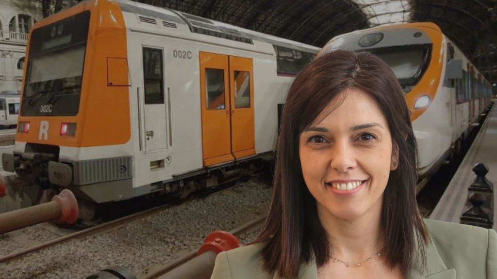 Fotomontaje de Elena Díaz, diputada del PSC, y varios trenes de Rodalies