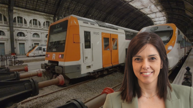 Fotomontaje de Elena Díaz, diputada del PSC, y varios trenes de Rodalies