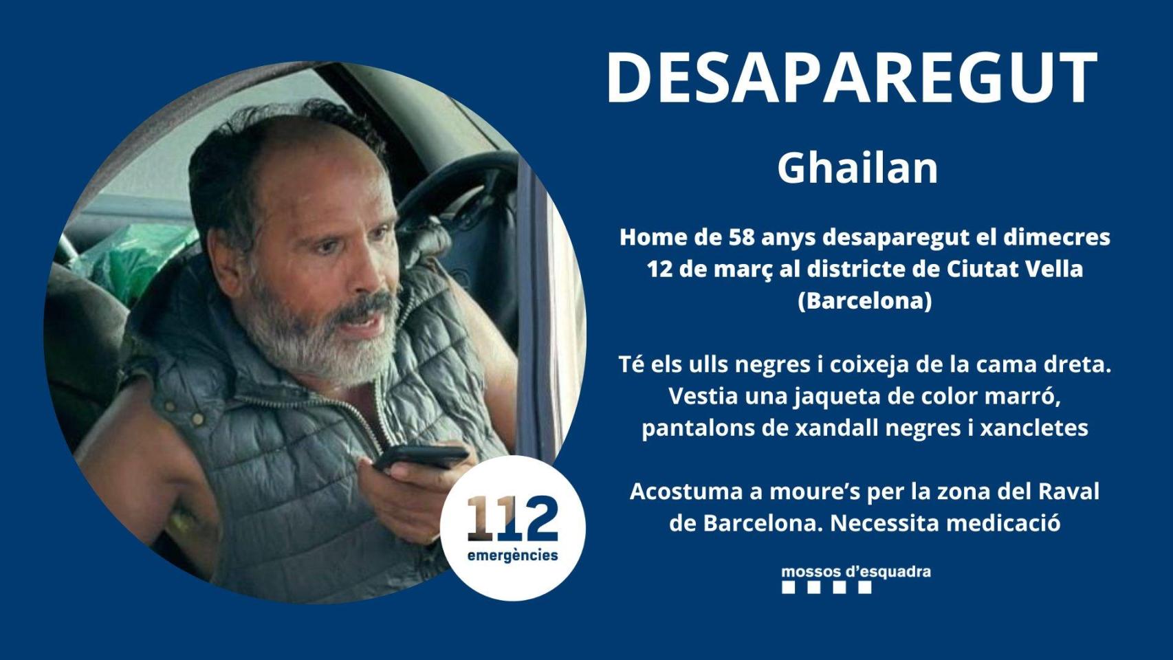 Ghailan, un hombre de 58 años desaparecido en el distrito de Ciutat Vella