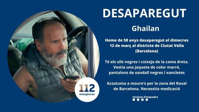 Ghailan, un hombre de 58 años desaparecido en el distrito de Ciutat Vella