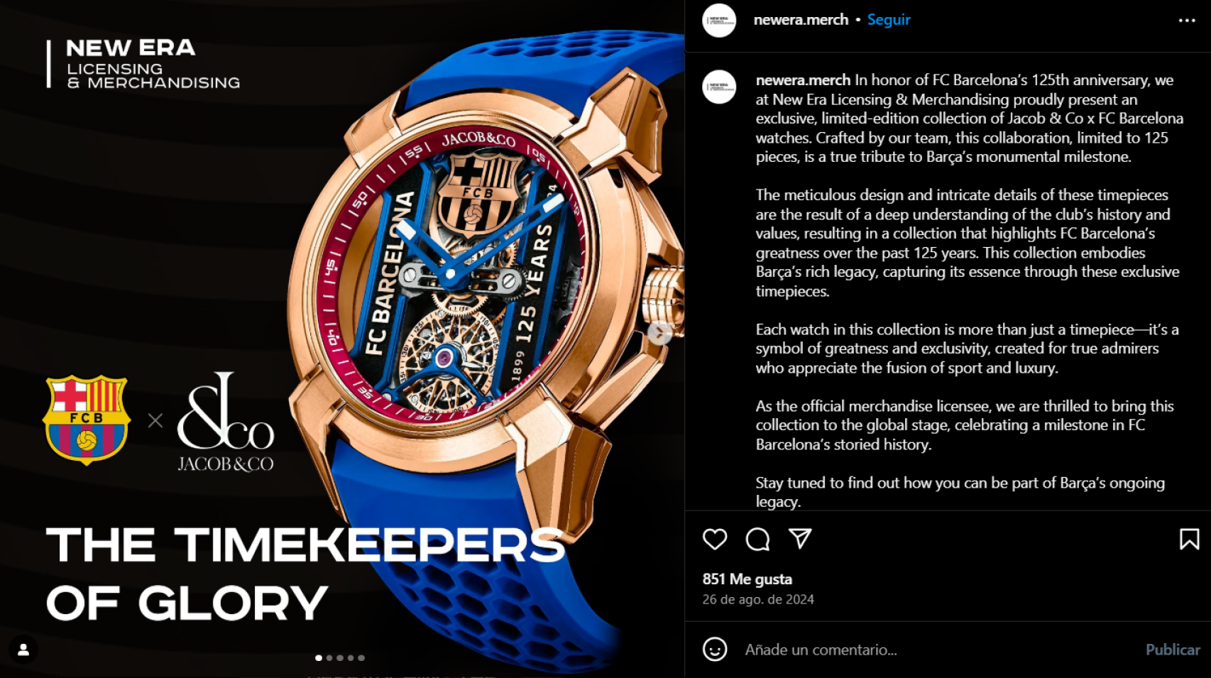 'Post' en Insgtagram de New Era Licensing & Merchandising con los relojes del Barça por el 125 aniversario