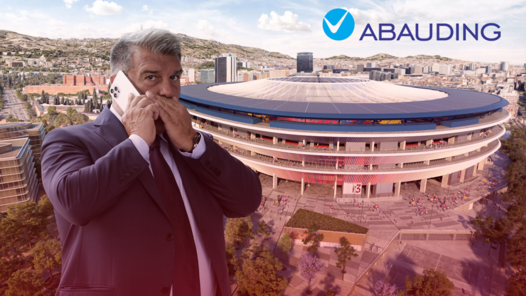 El presidente del Barça, Joan Laporta, en un montaje con una maqueta del nuevo Camp Nou y el logotipo de Abauding, auditor que validó la venta de los asientos Vip