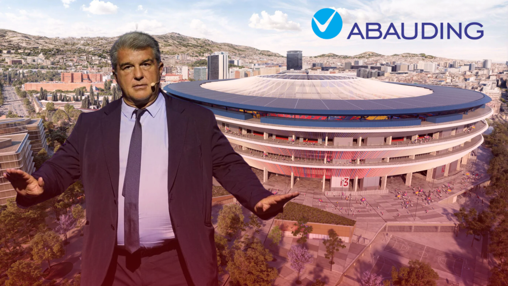 El presidente del Barça, Joan Laporta, una maqueta del nuevo Camp Nou y el logotipo de la auditora Abauding, en un montaje