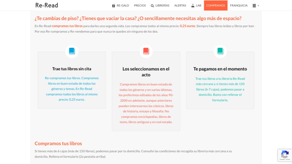 El apartado de la página web de Re-read que informa sobre cómo vender los libros