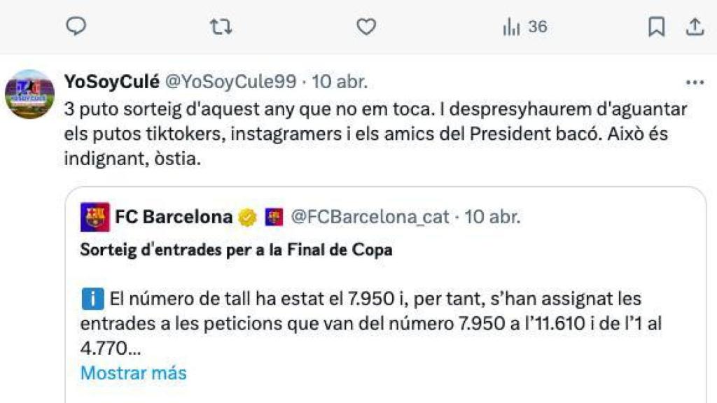 Tuit contra el reparto de entradas para la final de Copa