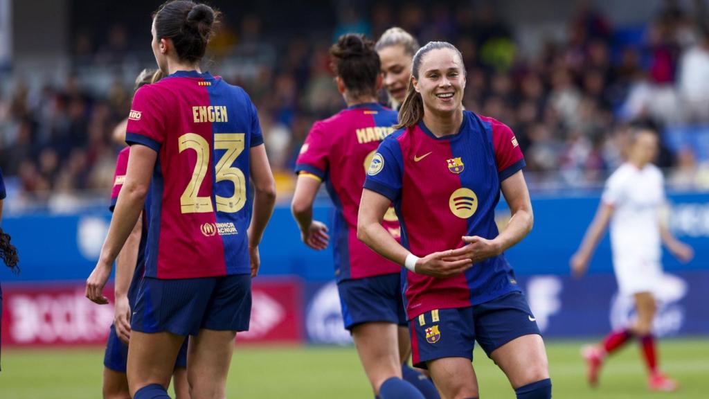 Ewa Pajor celebra su doblete en el Barça Femenino-Sevilla de Liga F