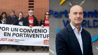 Representantes sindicaes de la UGT y CCOO y el director general de PortAventura, Fernando Aldecoa