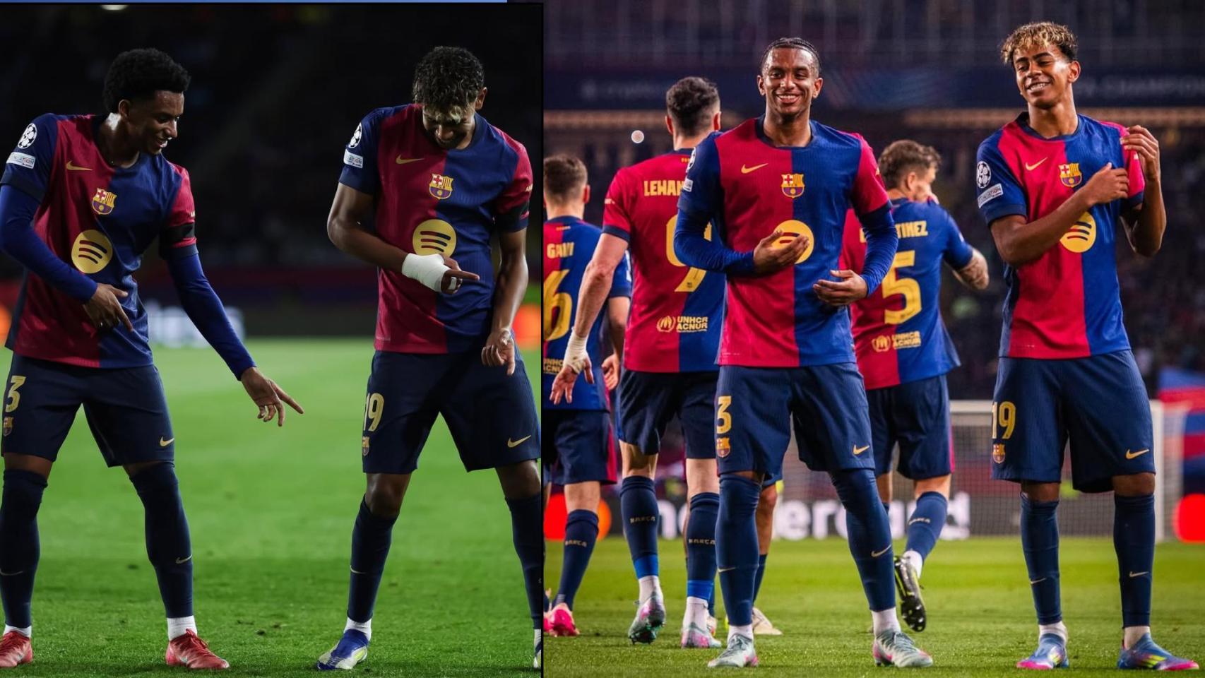 Lamine Yamal baila con Balde tras marcar al Benfica (con la mano vendada) y tras anotar contra el Borussia Dortmund (ya sin vendaje), siempre en Montjuïc