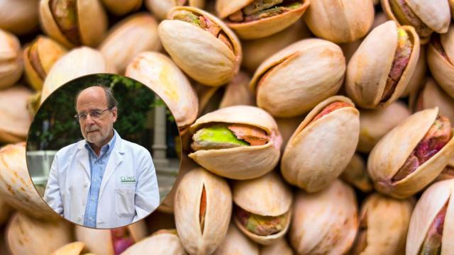 Fotomontaje del doctor Ramon Estruch con pistachos de fondo