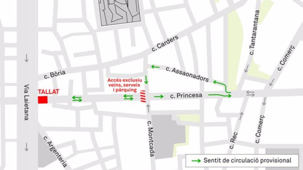 Mapa de les obres que obliguen a tallar el carrer Princesa de Barcelona